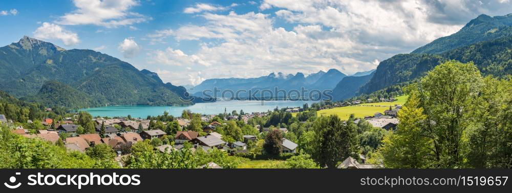 Aerial panoramica view of Wolfgangsee lake, Salzkammergut, Austria in a beautiful summer day