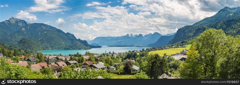 Aerial panoramica view of Wolfgangsee lake, Salzkammergut, Austria in a beautiful summer day