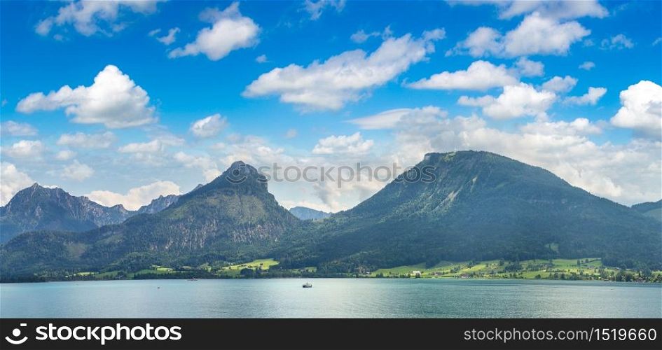 Aerial panoramica view of Wolfgangsee lake, Salzkammergut, Austria in a beautiful summer day