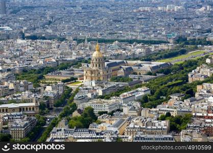 Aerial Paris skyline and Invalides golden dome in France