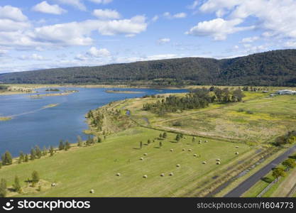 Aerial photograph of a large fresh water reservoir near Castlereagh in New South Wales in Regional Australia