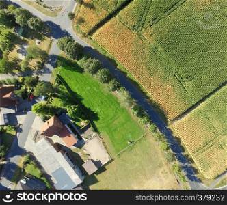 Aerial photograph of meadows and fields in Germany with a curved row of trees and houses