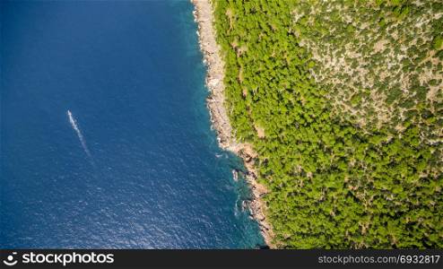 Aerial photograph of the coastline and the blue sea and forest
