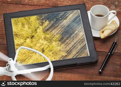 aerial photography concept - reviewing aerial pictures of trees and shadows on a digital tablet with a drone rotor and coffee, screen picture copyright by the photographer