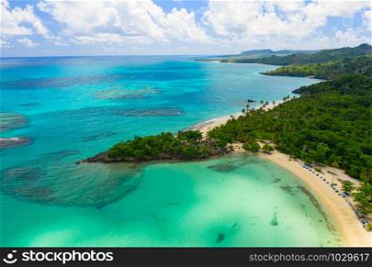 Aerial photography of amazing tropical panorama of Rincon bay.Samana peninsula,Rincon beach,Dominican Republic.