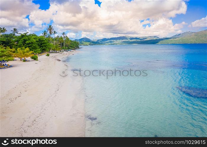 Aerial photography of wonderful tropical beach of Rincon bay.Samana peninsula,Rincon beach,Dominican Republic.