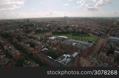 Aerial scene of Amsterdam with streets, houses, Rijksmuseum and Art Square