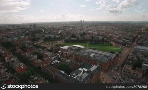 Aerial scene of Amsterdam with streets, houses, Rijksmuseum and Art Square