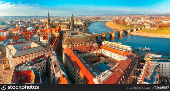Aerial scenic panorama of the Old Town of Dresden: river Elbe with Augustus Bridge, Hofkirche and Royal Palace, Saxony, Germany
