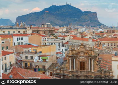 Aerial scenic view of Palermo at sunset. Italy. Sicily.. Palermo at sunset.