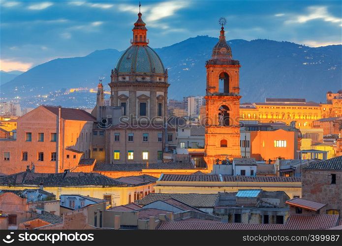 Aerial scenic view of Palermo at sunset. Italy. Sicily.. Palermo at sunset.