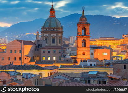 Aerial scenic view of Palermo at sunset. Italy. Sicily.. Palermo at sunset.