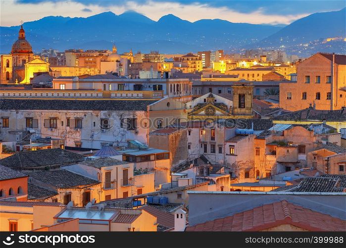 Aerial scenic view of Palermo at sunset. Italy. Sicily.. Palermo at sunset.