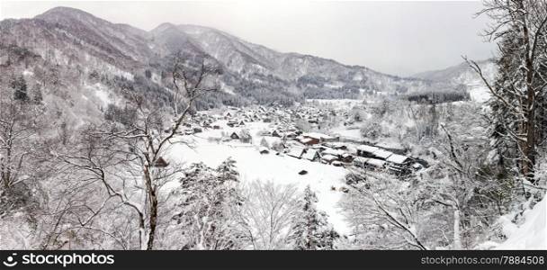 Aerial Shirakawago panorama winter Snow Gifu Chubu Japan
