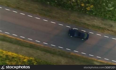 Aerial shot from above driving black car in a field along a rural road in summer at sunset
