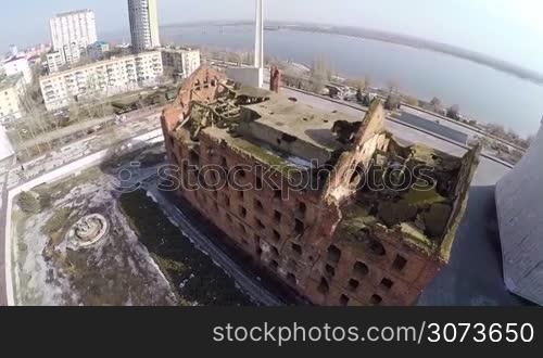 Aerial shot of ruined building of Gergart Mill in Volgograd, Russia. It was destroyed during Stalingrad Battle and kept as memorial to the war