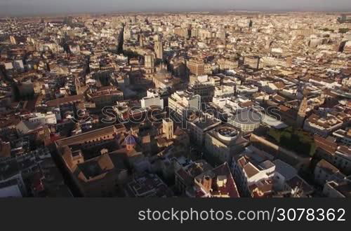 Aerial shot of Valencia city centre with its architecture and ancient cathedral. Spain, Europe