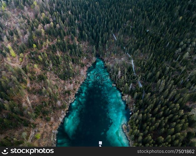 aerial shot over mountain lake