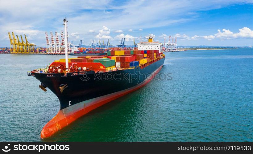 Aerial side view container ship carrying container in import export business logistic and transportation of international by container ship in the open sea, with copy space.