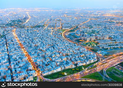 Aerial skyline of Tehran at sunset, Iran