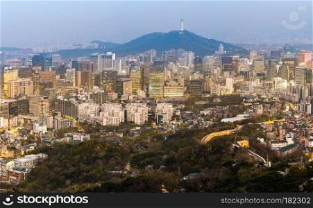 Aerial Sunset and Night view of Seoul Downtown cityscape with Seoul Tower in South Korea panorama