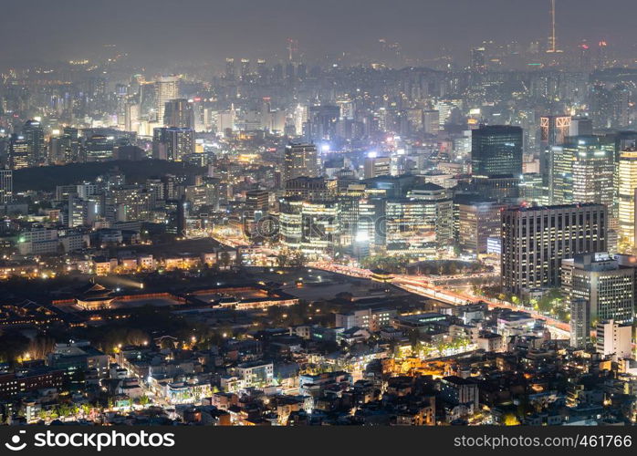 Aerial Sunset and Night view of Seoul Downtown cityscape with Seoul Tower in South Korea