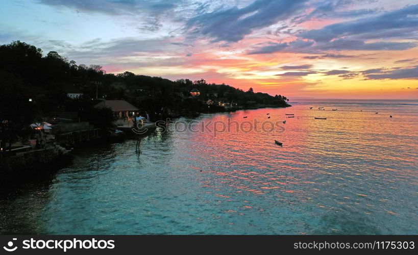 Aerial sunset from Nusa Ceningan in Bali Indonesia