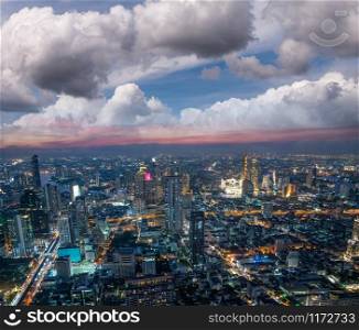 Aerial sunset view of Bangkok modern skyline, Thailand.