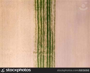 Aerial top down view. Crop agricultural fields. Rows of soil before planting, ploughed field, spring or autumn season landscape. Nature background, farm pattern.. Top down view. Crop agricultural fields.