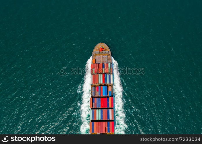Aerial top view container cargo ship and import export business commercial logistic transportation international by container cargo ship in the open sea, Container cargo freight shipping transportation concept