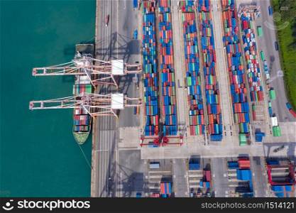 Aerial top view container cargo ship in import export business logistic and transportation.