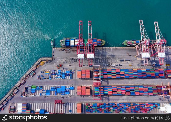Aerial top view container cargo ship in import export business logistic and transportation.