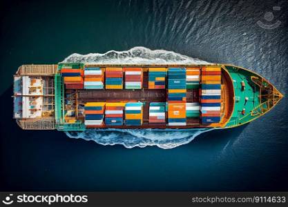 Aerial top view container cargo ship with contrail in the ocean ship carrying container import export business commercial trade logistic and transportation, Generative AI