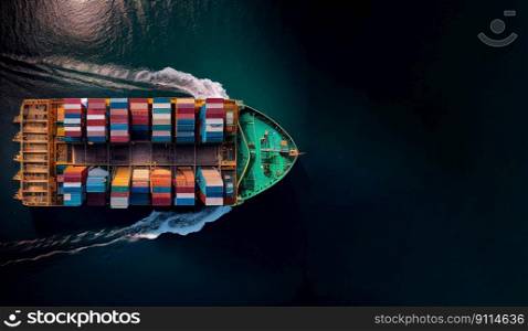Aerial top view container cargo ship with contrail in the ocean ship carrying container import export business commercial trade logistic and transportation, Generative AI