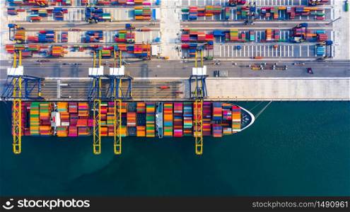 Aerial top view container ship at terminal seaport with tugboat, Global business cargo freight ship import export logistic and transportation by container vessel ship company worldwide.