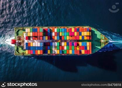 Aerial top view of a cargo ship carrying containers for export cargo. Generative AI