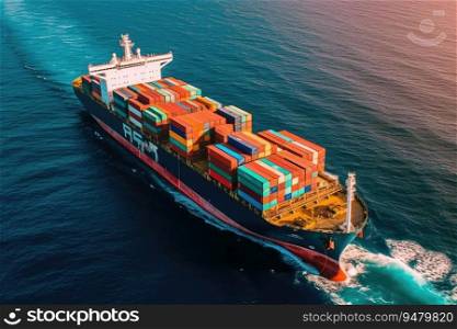 Aerial top view of a cargo ship carrying containers for export cargo. Generative AI