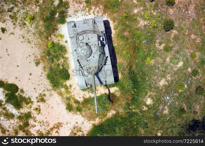 Aerial top view of a military tank .. Aerial top view of a military tank.