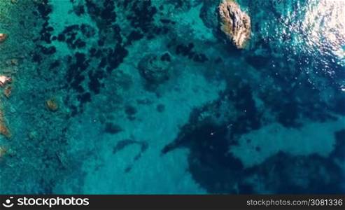 Aerial top view of a spearfisher hunting fish underwater in the Mediterranean sea near the coast. Spain, Catalonia