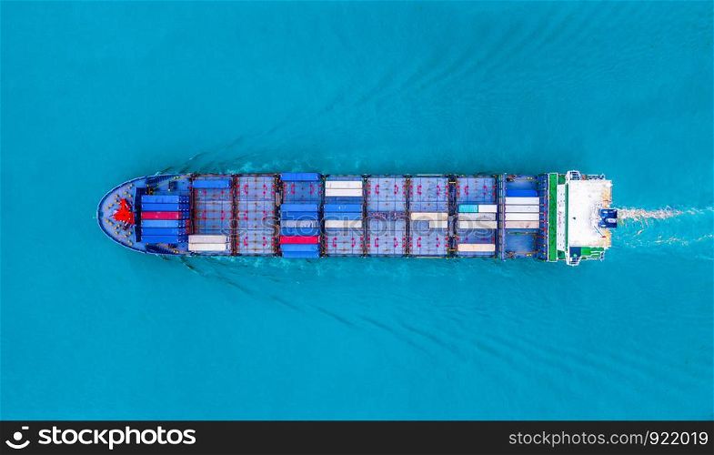 Aerial top view of container cargo ship in the export, import business, logistics and transportation concept with international goods on the blue ocean.