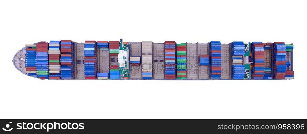 Aerial top view of container cargo ship in the export, import business, logistics and transportation concept with international goods isolated on white background. Clipping path inside.