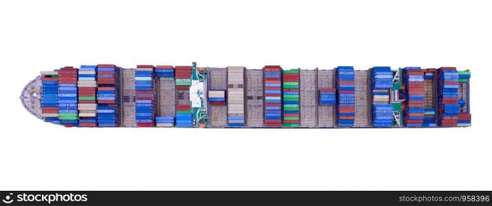 Aerial top view of container cargo ship in the export, import business, logistics and transportation concept with international goods isolated on white background. Clipping path inside.
