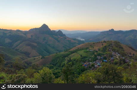 Aerial top view of forest trees and green mountain hills. Nature landscape background, Thailand.