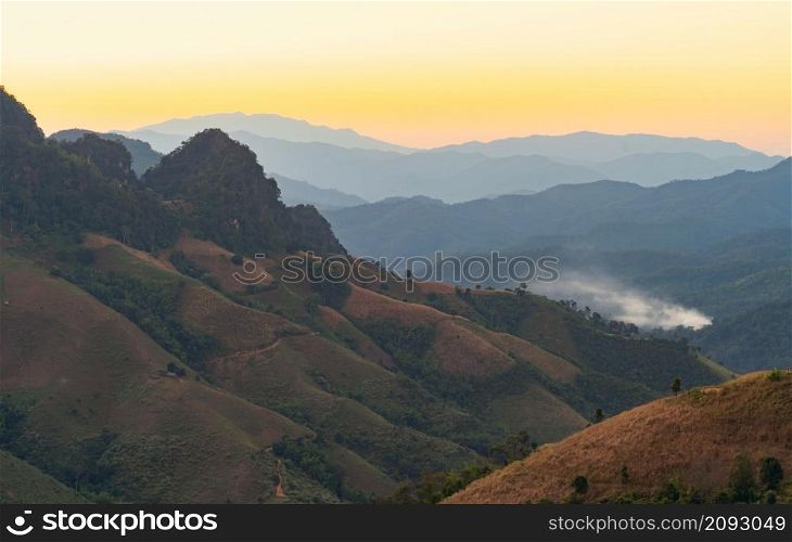 Aerial top view of forest trees and green mountain hills. Nature landscape background, Thailand.