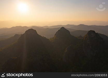 Aerial top view of forest trees and green mountain hills. Nature landscape background, Thailand.