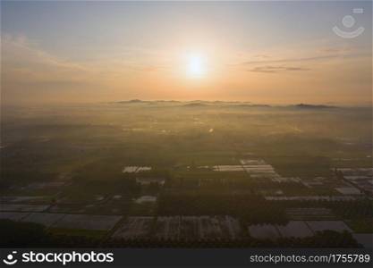 Aerial top view of fresh paddy rice and forest trees, green agricultural fields in countryside or rural area, mountain hills valley at sunset in Asia. Nature landscape background at sunset.