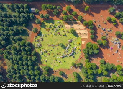 Aerial top view of garden park range of plants, trees, rocks, red soil and nature green environmental landscape background.