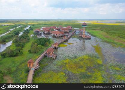 Aerial top view of hotel resort. Architecture building with swamp or lagoon, lake, sea or river in national park in Thailand. Nature landscape background