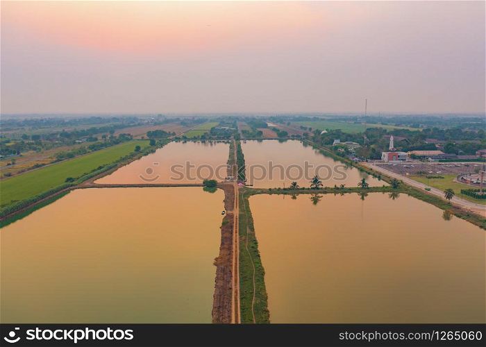 Aerial top view of lush green trees and river or lake from above in tropical forest in national park and mountain or hill in summer season in Thailand. Natural landscape background.