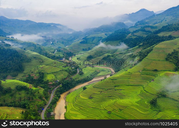 Aerial top view of paddy rice terraces, green agricultural fields in countryside or rural area of Mu Cang Chai, Yen Bai, mountain hills valley at sunset in Asia, Vietnam. Nature landscape background.